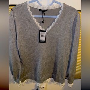 Adrianna Papell Sweater Women’s M Gray/White Long Sleeves lace trim